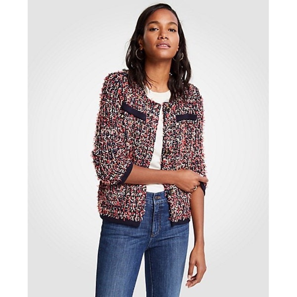 Ann Taylor Confetti Navy Multi Fringe Knit Cardigan Jacket Blazer Size‎ Medium